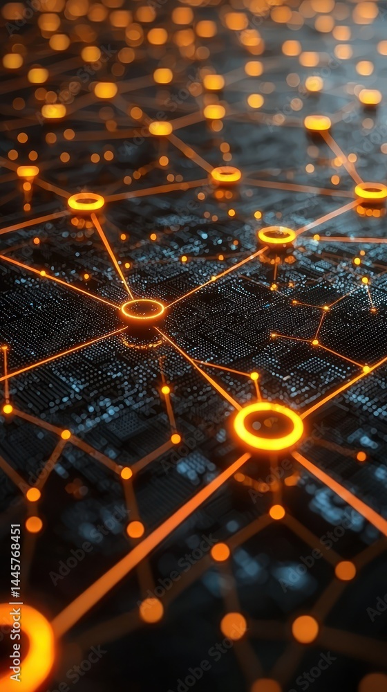 Poster abstract network of orange lines and nodes on dark background