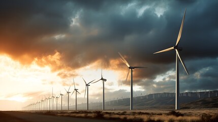 A long row of wind turbines under a dramatic sky with orange and dark stormy clouds overhead