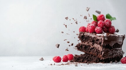 A beautifully layered chocolate cake topped with fresh raspberries, surrounded by chocolate shavings, creating an enticing dessert for any occasion or celebration.