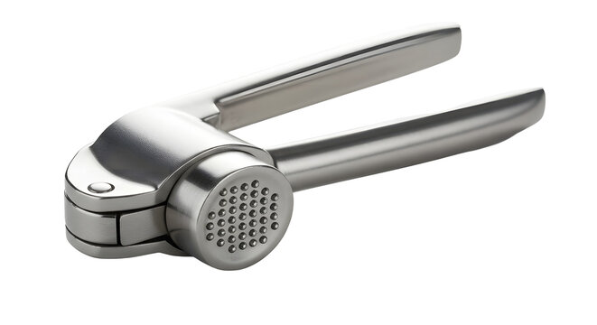 Stainless steel garlic press crushing on transparent background