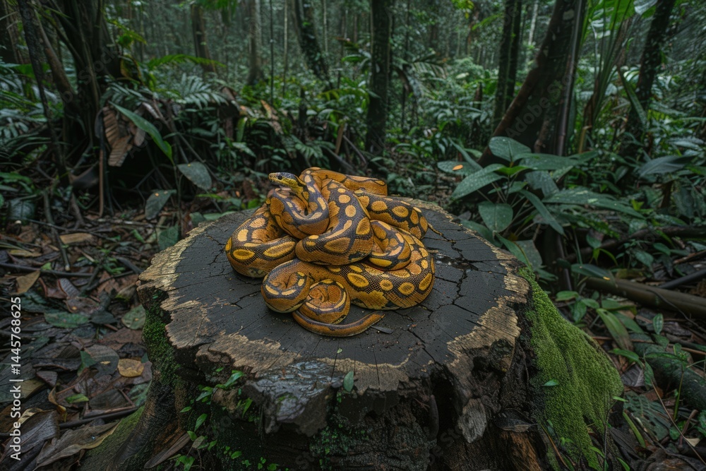 Poster a snake resting on a tree stump in a vibrant forest setting.