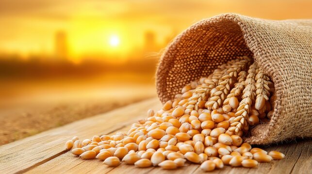 A close-up of barleycorn grains spilling out of an open burlap sack onto a wooden surface, with a warm, earthy color palette.