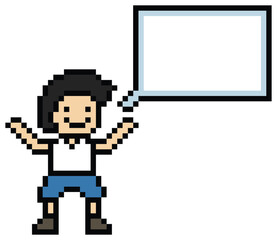 Cartoon pixel cute character man face with chat box blank decoration 8 bit male boy say speak discuss idea chat box cartoon pixel 8bit game png vector.