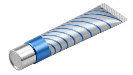 Silver cosmetic tube with blue spiral stripes and metallic cap isolated on transparency background, sleek design for cream or gel packaging, modern and elegant container for beauty products
