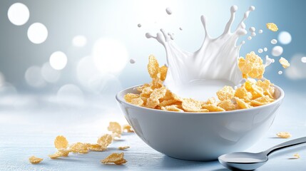 A close-up shot of corn flakes in a bowl with an inviting splash of milk, a spoon resting nearby, and soft morning light highlighting the textures.
