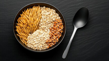 A bowl filled with an assortment of grain-based products like barley, oats, and wheat, placed next to a spoon.
