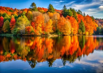 Autumn Lake Reflection: Vibrant Fall Foliage Mirror Image in Calm Forest Waters