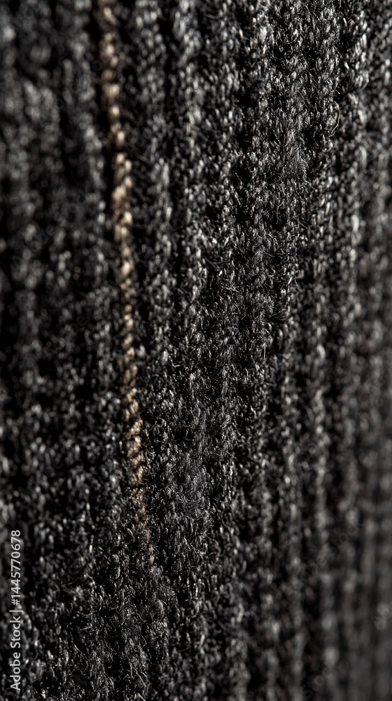 Poster close-up of dark gray fabric texture showing a fuzzy, ribbed surface, suggesting a plush, tactile ma