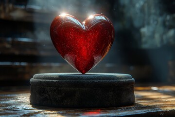 Fototapeta premium 3D-rendered glossy red heart floating above a soft velvet pedestal, with dramatic romantic lighting and deep shadows.