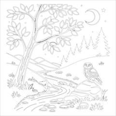 Obraz premium Hand-drawn vector landscape for coloring book layered illustration design