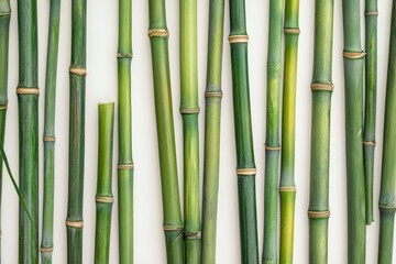 Fototapeta premium Green bamboo stalks arranged vertically against a white background, showcasing their natural texture and color.