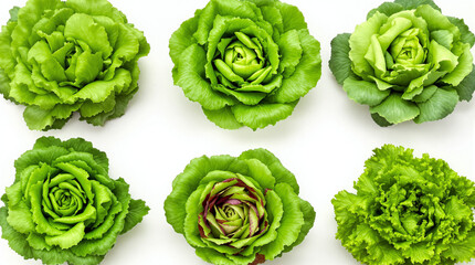 A variety of fresh lettuce leaves, including green and red types, displayed in a clean, isolated background. Perfect for salads, healthy recipes, or food presentations.