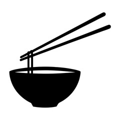 Minimalist Image Depicting a Bowl of Noodles with Chopsticks and a Black Silhouette