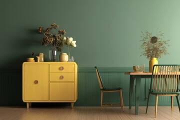 Yellow Cabinet and Green Dining Room Decor