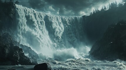 Powerful waterfall cascading down rocky cliffs