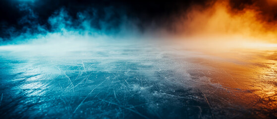 Striking icy background with reflective ice, scratched and frosty, transitioning from blue mist to orange fog. A dramatic, surreal scene  for winter or abstract imagery with an otherworldly contrast.