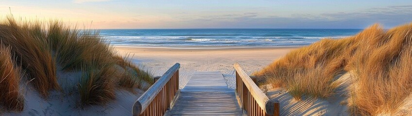 Obraz premium A scenic wooden boardwalk extends toward the tranquil ocean.