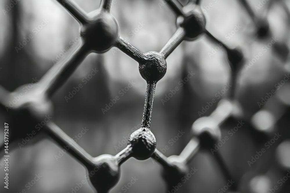 Poster a close-up grayscale image of a molecular structure model, showcasing interconnected nodes and bonds