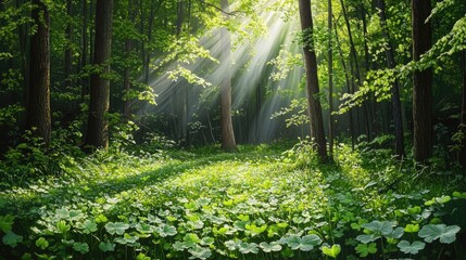 Obraz premium The forest breathes calm as soft light caresses bright green clovers.