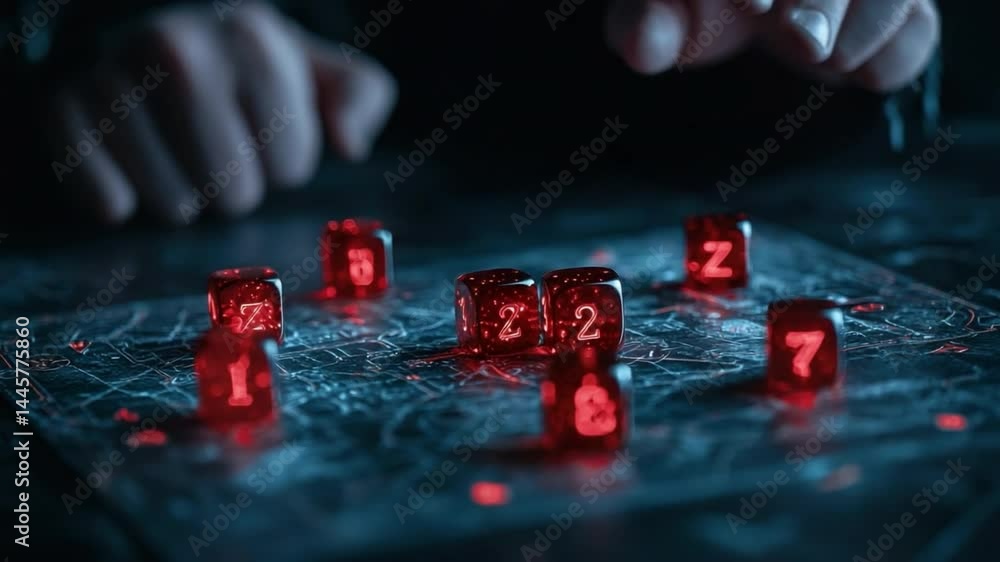Poster mysterious hands manipulating red dice on an intriguing dark tabletop surface