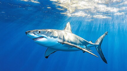 Fototapeta premium Majestic great white shark underwater, sunlit scene (1)