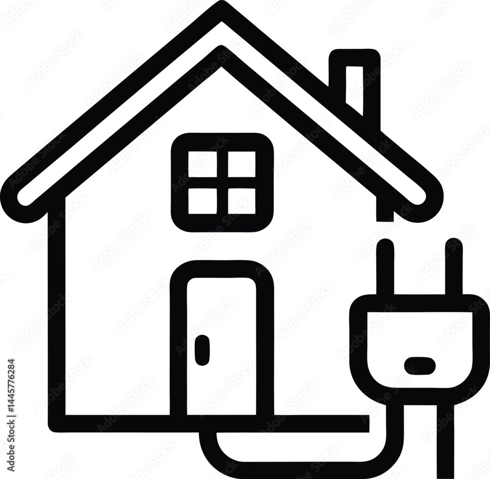 Poster house electrification icon in line art style showing a modern home with energy connection technology