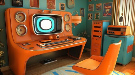 The stylish room features a nostalgic orange computer that captures attention.