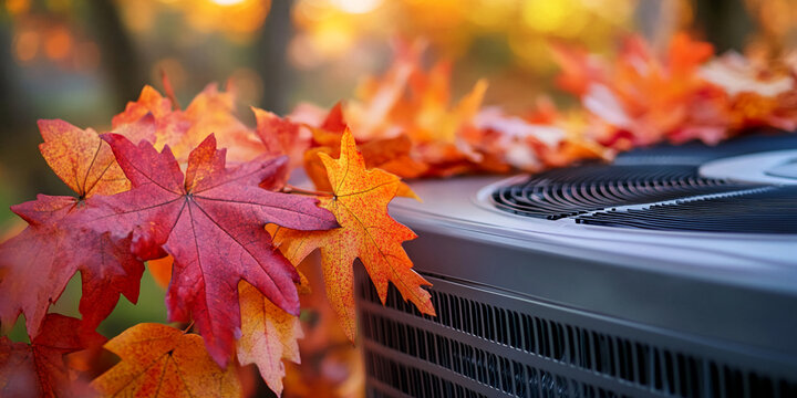 Autumn leaves on air conditioner unit, showcasing seasonal change and HVAC maintenance needs.  Image suggests preparation for cooler weather
