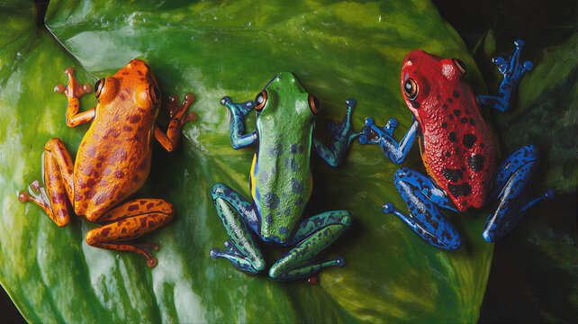 Pixie frog, dart frog vector. amphibians strawberry dart frog, tiny dart frogs, on leaf in the wild. Poisonous frog, rain frog, Dendrodates auratus rainforest animals illustrations dart frogs.