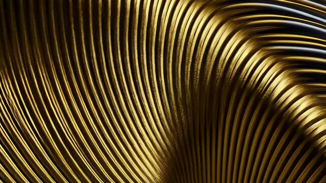 Dynamic and wavy abstract pattern featuring shiny gold, white and dark gray parallel lines and an overall sense of movement and fluidity
