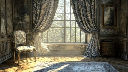 An antique wooden chair sits in front of a large window with heavy brocade curtains, the dim light outside casting dramatic shadows on the intricate patterns of the fabric.