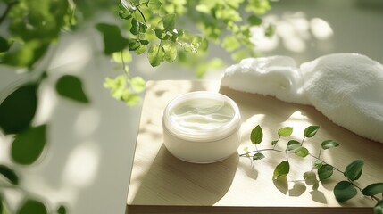 Skincare ritual in a frame: cream and fresh foliage create a tranquil spa scene