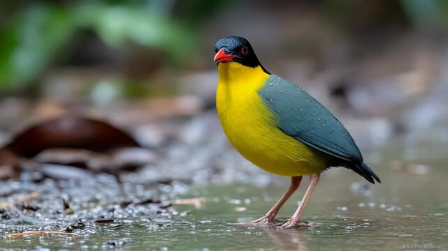 Vibrant yellow bird with black head and red beak wades in shallow water, foraging for food in a lush, natural forest setting during a light rainfall.