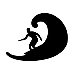 Stylized silhouette depicting a surfer riding a large wave on white backdrop