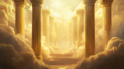 Mount Zion majestic throne of God. Golden light in the heaven with gold column holy heavenly Jerusalem temple, gold heaven sanctuary. Gates of paradise, celestial tabernacle realm holy light arch