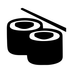 Minimalistic black and white sushi roll image with chopsticks on a white background