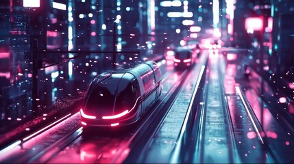 Fototapeta premium The night skyline comes alive with glowing hues and advanced vehicle designs.