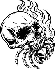 Haunting dark fantasy skull fillers in SVG vector style. Skull and Spider Design with Flames in Black and White Illustration