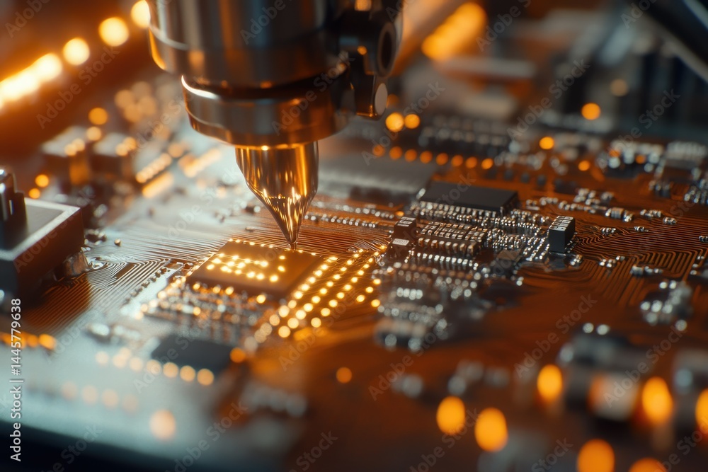 Aufkleber close-up of a robotic arm precisely placing a microchip onto a circuit board during manufacturing.