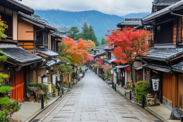 Autumn street in a traditional japanese village