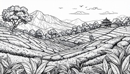 Fototapeta premium tea plantation landscape in graphic style, hand-drawn vector illustration.