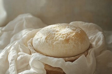 A freshly baked loaf of artisan bread, rests in a wooden bowl, draped with soft fabric.