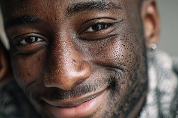 Obraz premium A captivating close-up portrait of a smiling Black man displaying genuine happiness and charm.