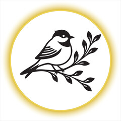 Bird Sitting on Branch Vector Illustration,Simple Line Art Bird on Tree Branch,Minimalist Bird Drawing Perched on Branch,Black and White Bird Silhouette Vector,Elegant Bird Outline with Leaves Design