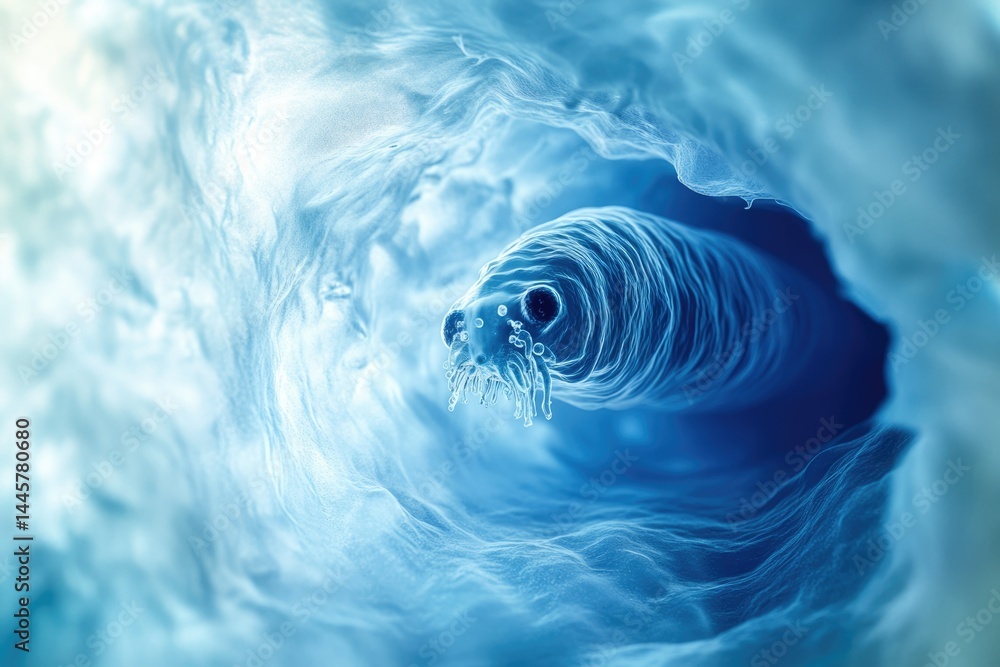 Poster microscopic view of a parasitic worm navigating a host's tissue, showcasing its intricate structure.