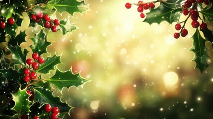 Fototapeta premium Christmas presentation image with a clean background and a decorative border of holly, berries, and evergreen leaves