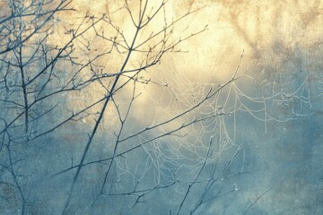 Frosty spiderwebs delicately adorn the winter branches, creating a serene and ethereal scene.