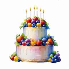 Colorful fruit cake decorated with fresh fruits and candles for a special celebration