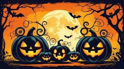 Halloweens horizontal banner. Pumpkins with carved faces glow under a full moon in a spooky Halloween setting at night.