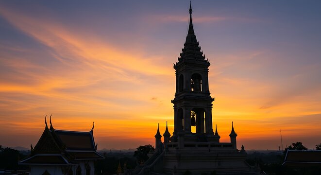 Silhouette of traditional Thai architecture against the vibrant sunset backdrop